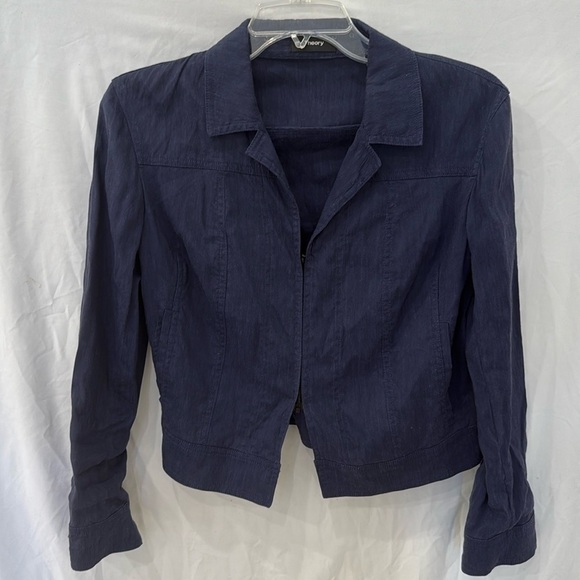 Theory Classic Navy Blue linen viscose zip blazer jacket sz small - Picture 1 of 6